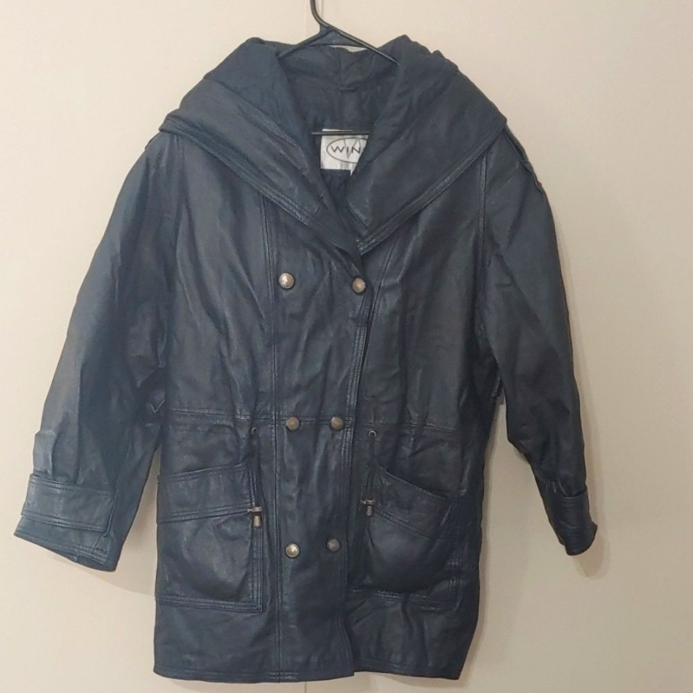 VTG Winlit Black Leather Jacket Unisex Hooded Trench Coat Size M